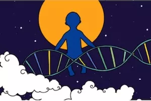 Illustrazione: sagoma di un bambino seduto su molecola DNA sospesa in cielo